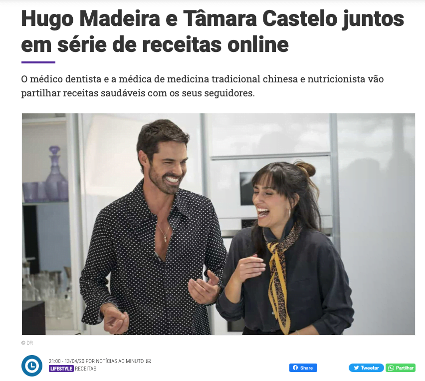 Notícia sobre Hugo Madeira e Tâmara Castelo juntos em série de receitas online